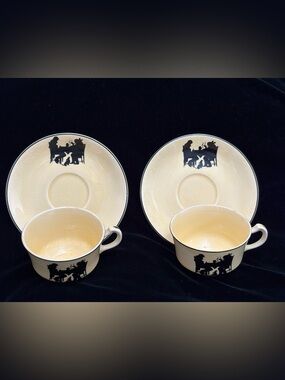 VTG Pair (2) Pale Yellow Crooksville China Co “Silhouette” Tea Cups/ Saucers